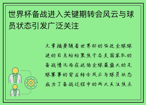 世界杯备战进入关键期转会风云与球员状态引发广泛关注