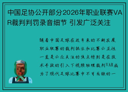 中国足协公开部分2026年职业联赛VAR裁判判罚录音细节 引发广泛关注