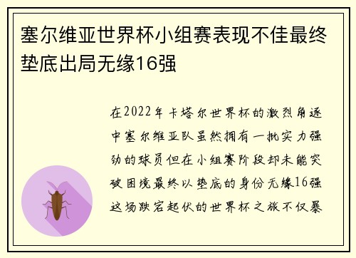 塞尔维亚世界杯小组赛表现不佳最终垫底出局无缘16强