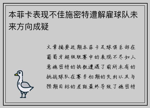 本菲卡表现不佳施密特遭解雇球队未来方向成疑 本菲卡表现不佳施密特遭解雇球队未来方向成疑